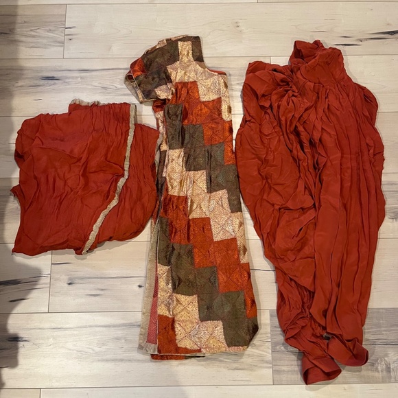 Women’s Indian 3 Piece Burn Orange, Green and Cream Silk Top & Pants w Matching - Picture 1 of 11